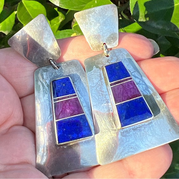 VINTAGE NAVAJO NATIVE AMERICAN SUGILITE LAPIS HUGE DROP DANGLE EARRINGS 925 SS